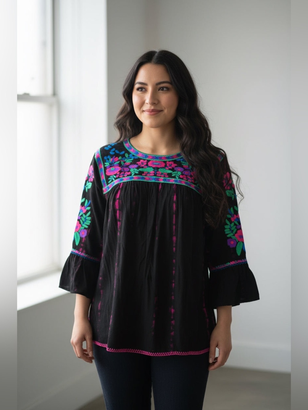 CALE Black Long-Sleeve Embroidered Tunic with Pink & Teal Floral Yoke